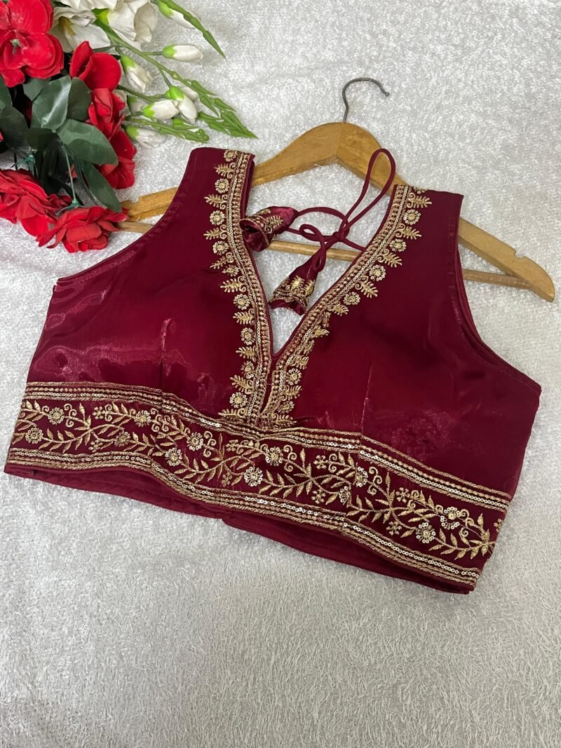 Roman Silk Wine Party Wear Embroidery Work Readymade Blouse - Image 5