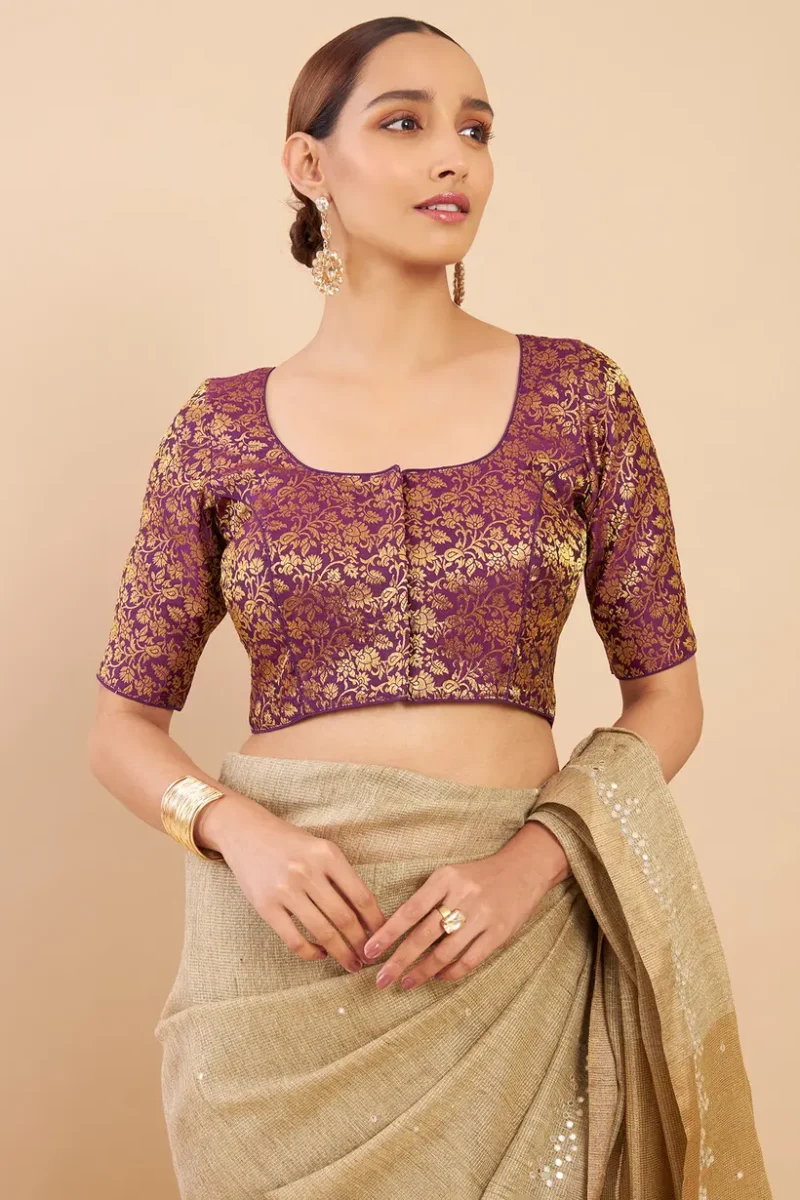 Purple Art Silk Blouse With Woven Floral Designs - Image 2